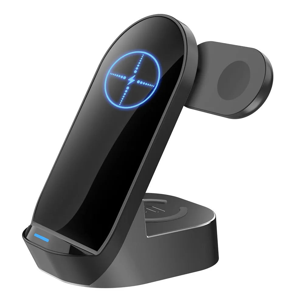 Black and grey foldable 3-in-1 wireless charging stand for mobile phone, watch, and earbuds.