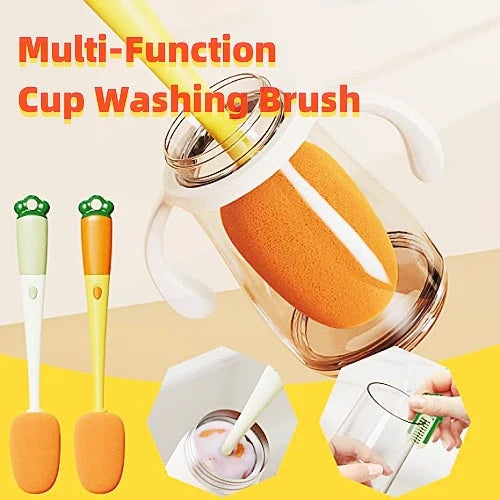 3-in-1 kitchen cleaning brush with carrot design, long handle, and three brush types