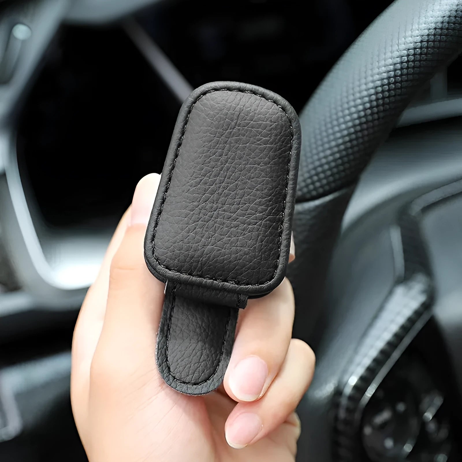 PU leather car sunglasses clip holder attached to vehicle sun louver for glasses storage