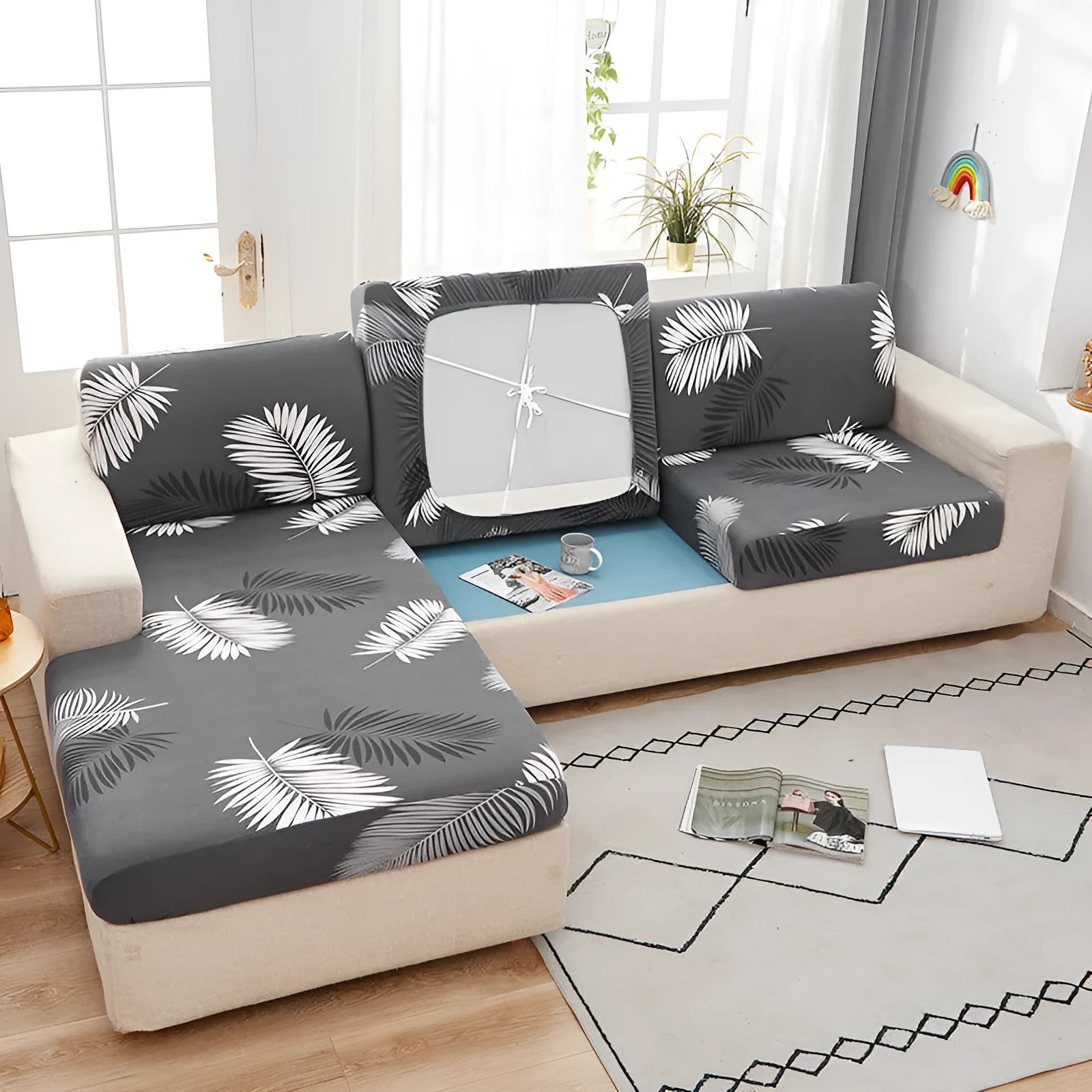 Printed non-slip polyester sofa seat cover with elastic edges in Hermes orange colour