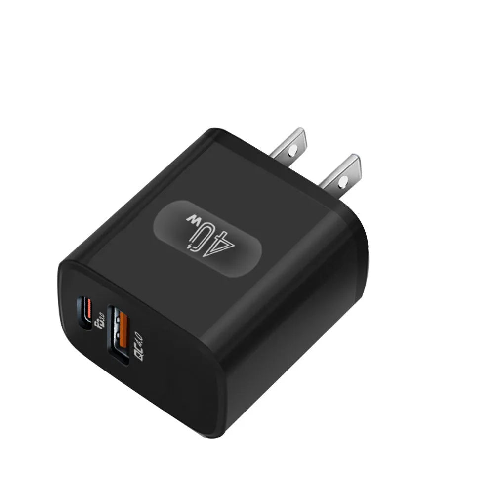 White dual-port USB wall charger with European standard plug and black variant with American plug