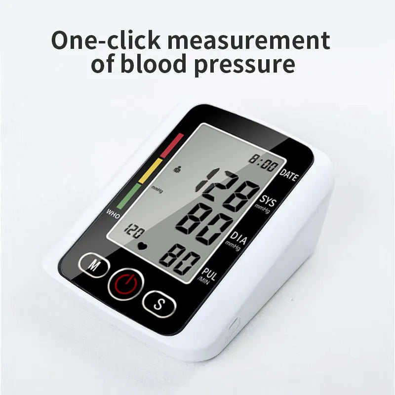 Automatic arm electronic blood pressure monitor with large screen on grey background.