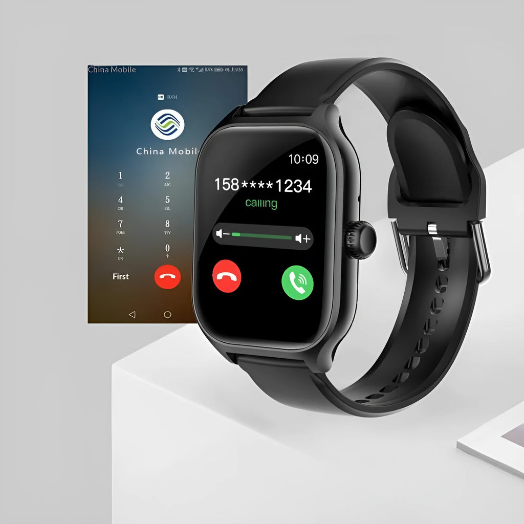 Smart watch with black steel strap displaying Bluetooth call and heart rate monitoring interface
