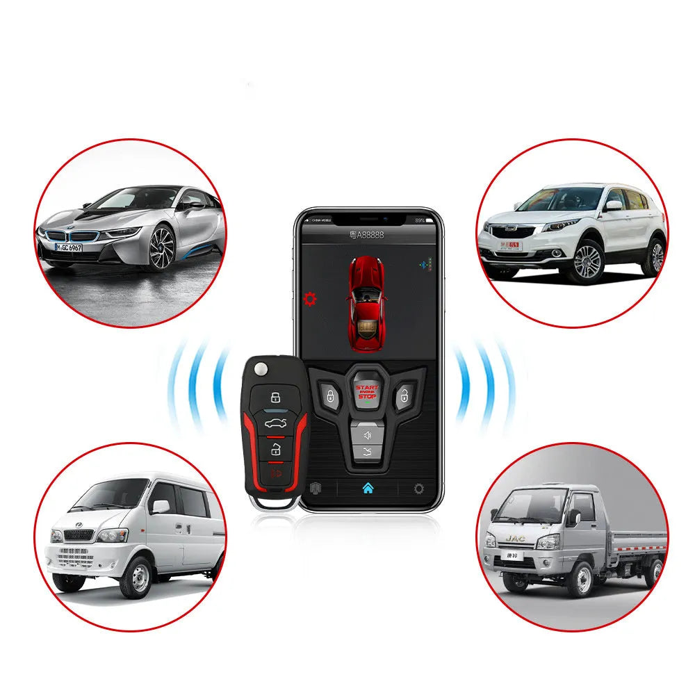 Red and frosted black one-way remote car alarm system with two remotes for vehicle security.