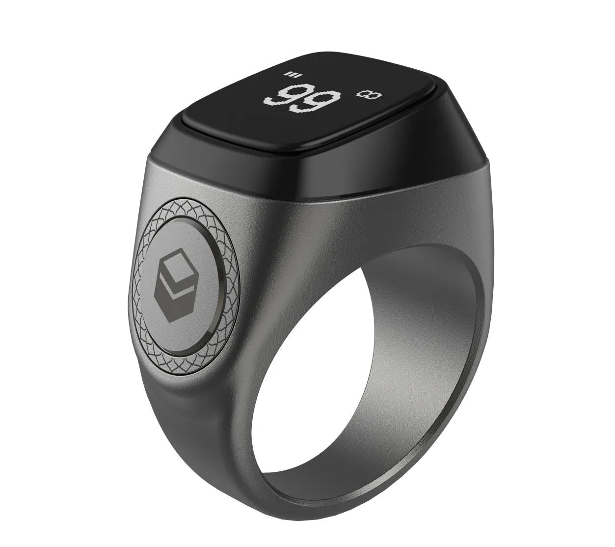 Zikr1 Lite metal smart ring for Islamic prayer with OLED display, shown in silver colour.
