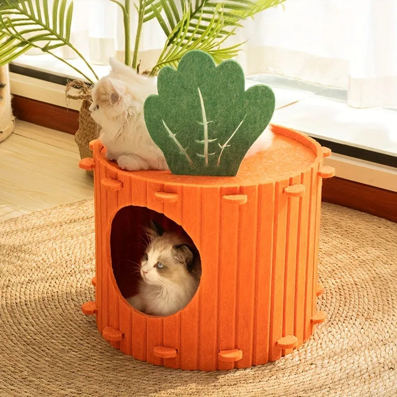 Carrot-shaped felt cat tunnel nest with semi-enclosed design and drilled pattern