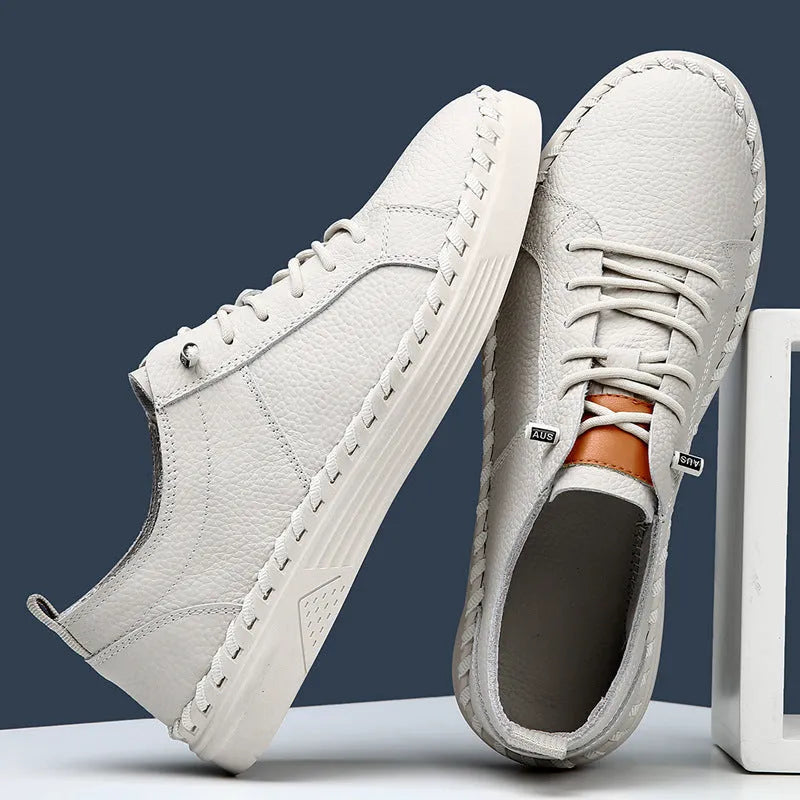 Men's beige and black casual sneakers made from first layer cowhide with mesh lining