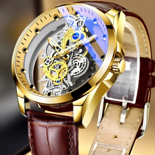 Men's skeleton automatic quartz watch with gold finish and mineral glass