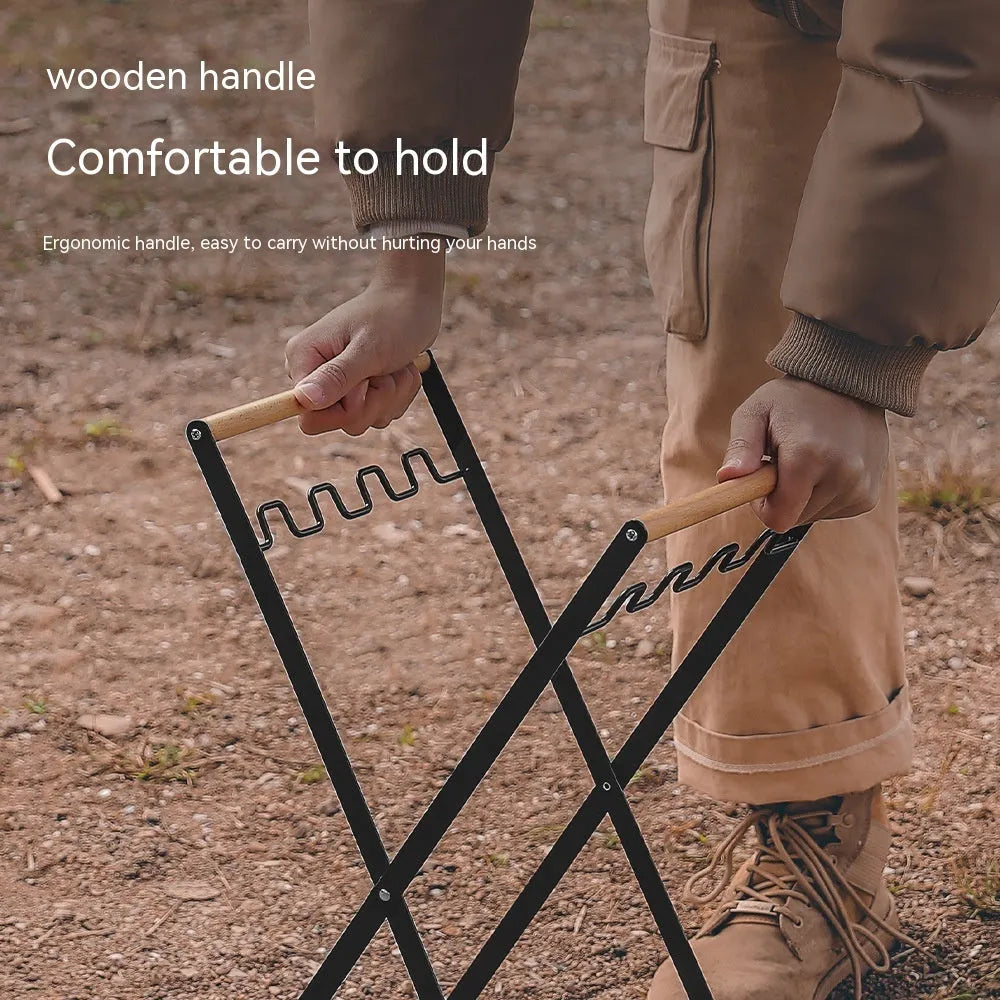 Foldable outdoor garbage storage hanger with iron frame and wooden handle in black colour.