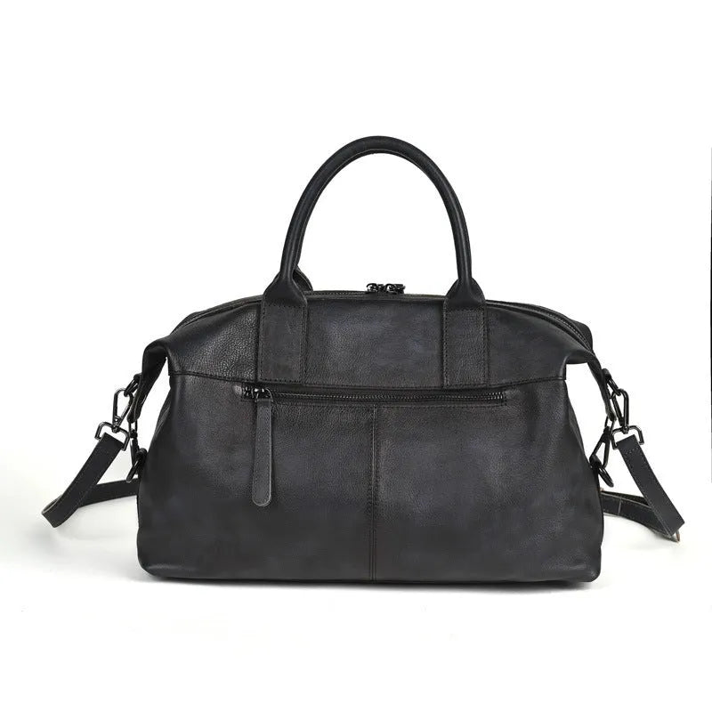 Women's retro large-capacity genuine leather handbag in brown with single shoulder strap and horizontal square shape