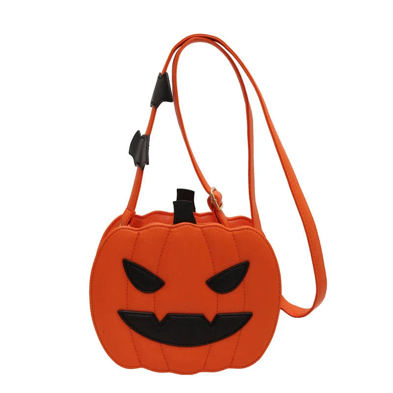 Stylish pumpkin cartoon shoulder bag with adjustable strap and vibrant color options for Halloween fashion