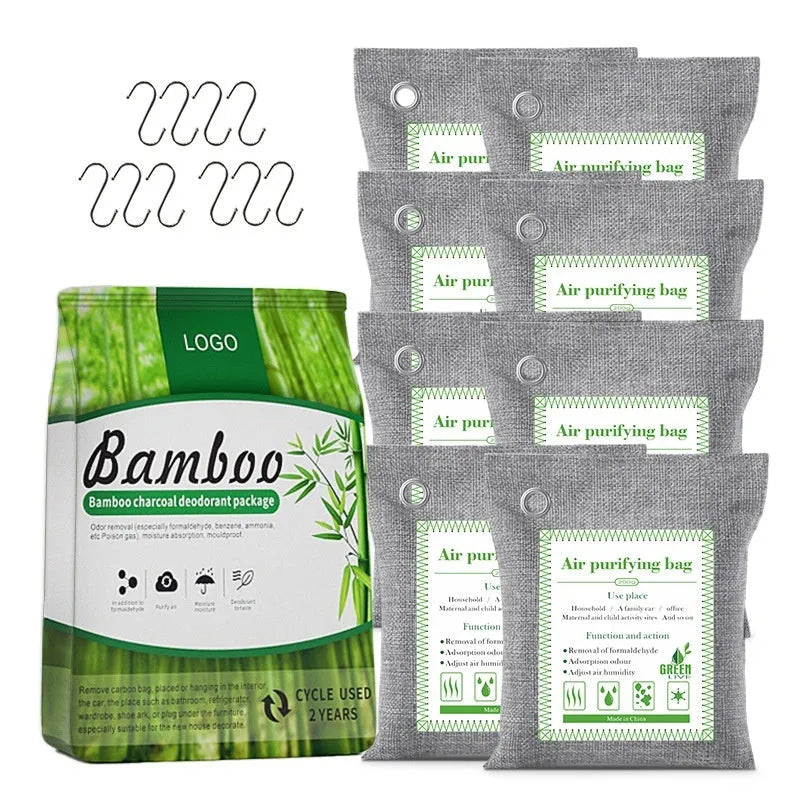 Sewn fabric packets of bamboo charcoal wrapped activated carbon for household formaldehyde removal.