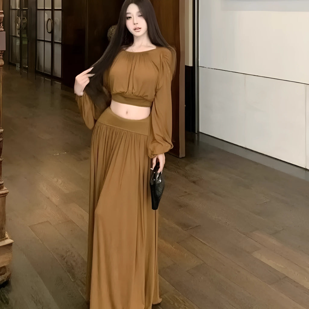 Women's batwing sleeve round neck top and pleating split long skirt suit in solid brown colour, polyester, Asian sizes S to 3XL