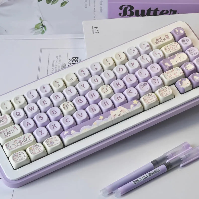 Sublimation PBT key cap set for Wooting keyboards in Taro Kitten Moa colour with matching adapter shaft