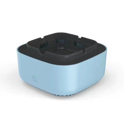 Stylish car ashtray with built-in air purifier for eliminating smoke and odors, featuring a compact, portable design and powerful 3600 RPM fan system.