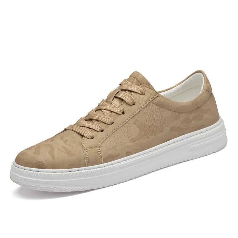 Men's white casual height increasing sneakers with hidden platform sole, low-top design, and lace-up closure