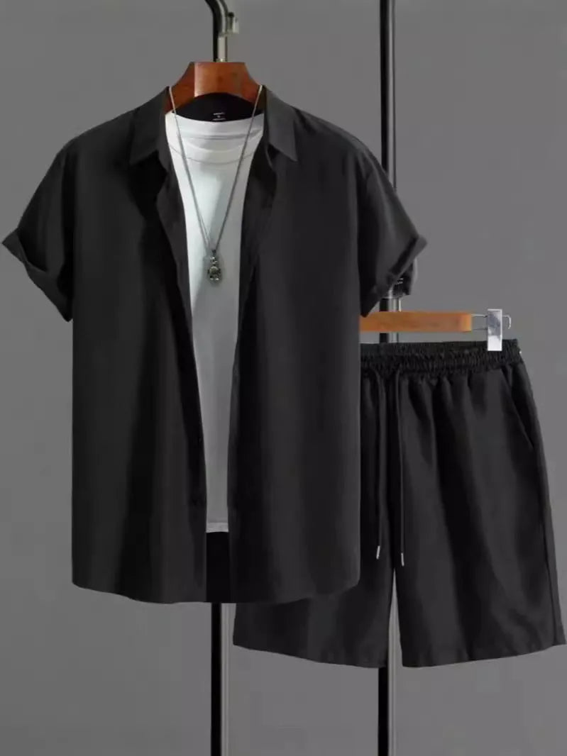 Jacquard short-sleeve shirt and matching shorts suit set in a solid colour.