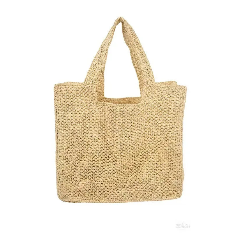 Straw woven bucket tote bag with double shoulder straps in horizontal square shape