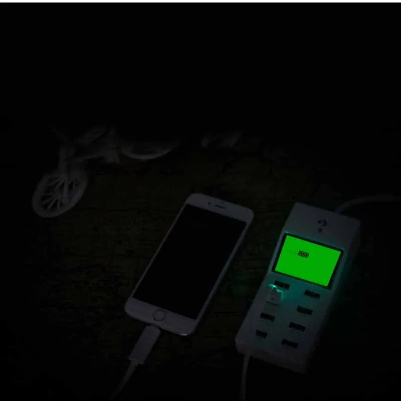 White multi-port USB mobile phone charger with UK, EU, US plug adapters on a desk
