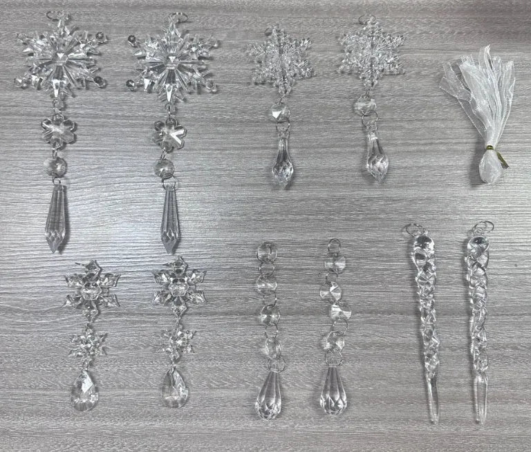 10 clear acrylic ice cone Christmas tree ornaments with white ribbons for hanging
