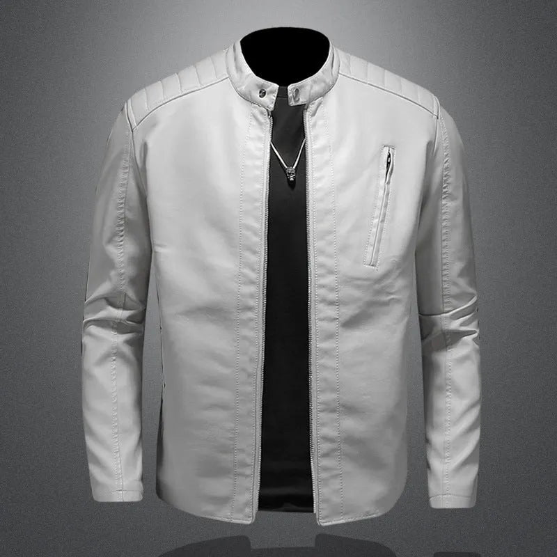Men's plus size PU leather jacket with stand collar and zipper pockets in black, front view