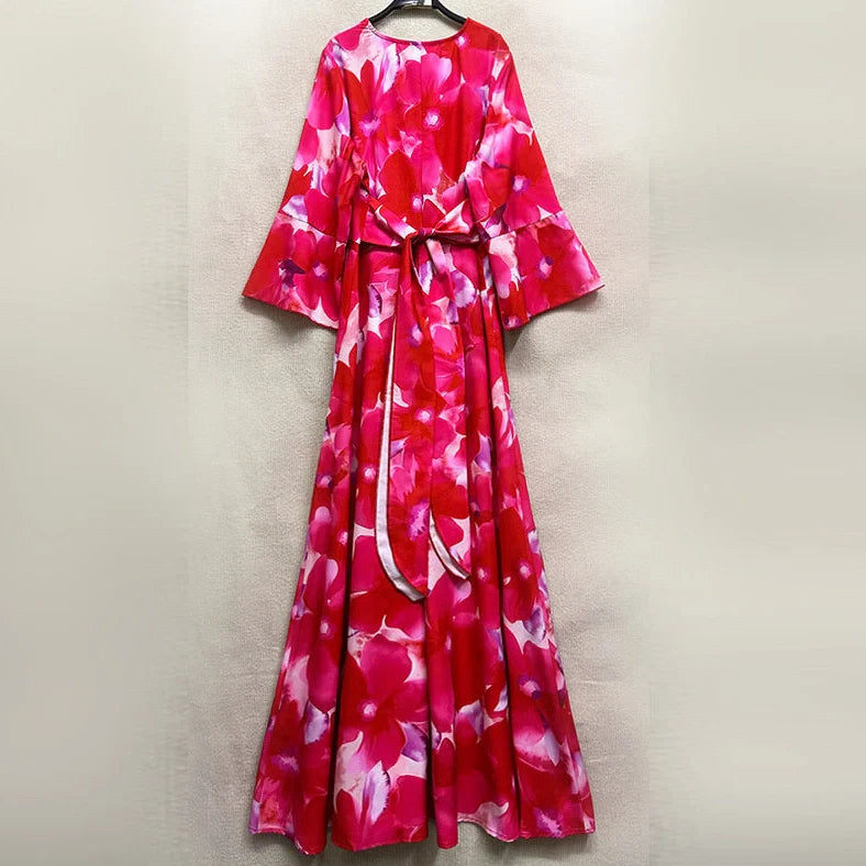 Red bell sleeve V-neck long pullover printed A-line skirt dress with A-line silhouette