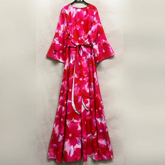 Red bell sleeve V-neck long pullover printed A-line skirt dress with A-line silhouette