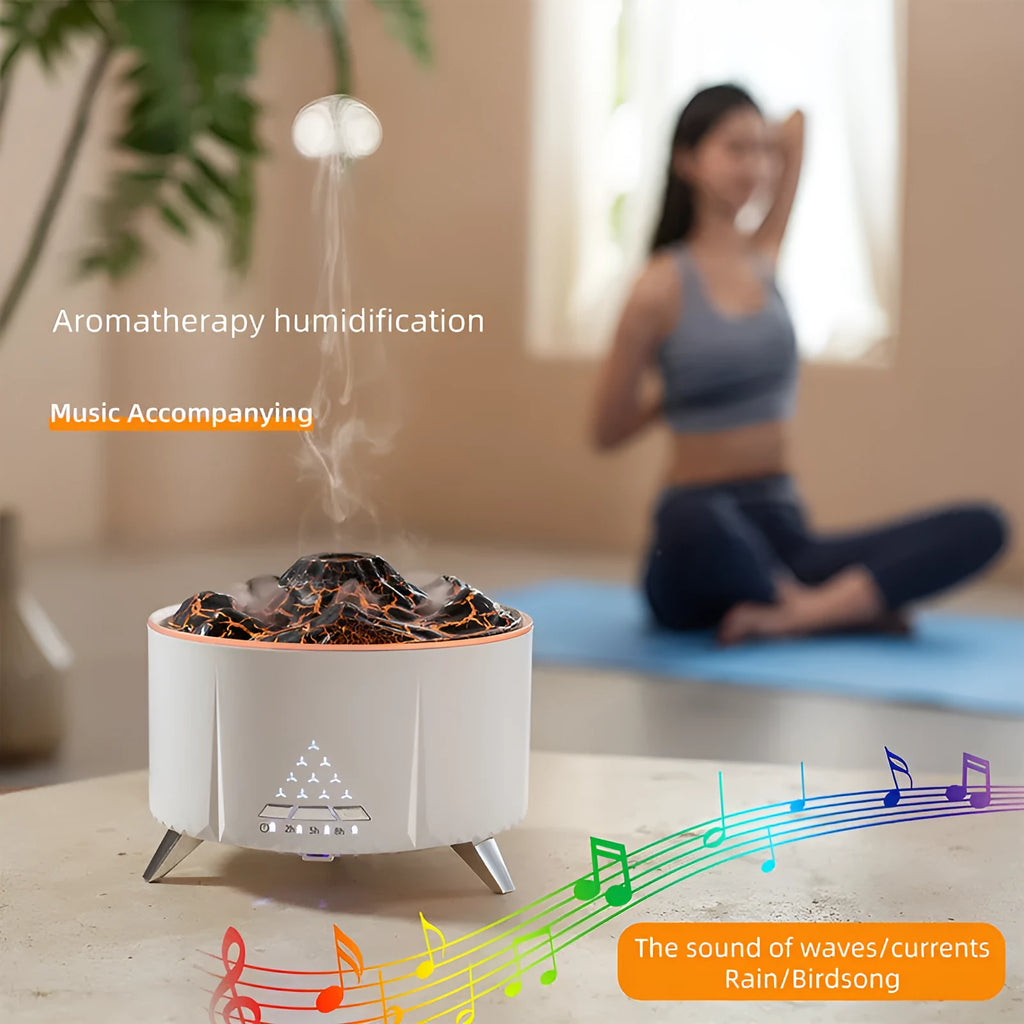 White portable simulated flame ultrasonic aromatherapy air humidifier with remote control on a table