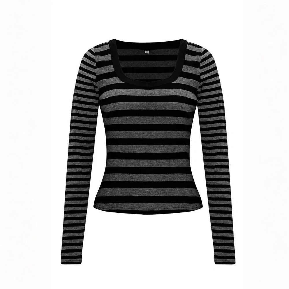 Black and grey striped women's long sleeve sweater t-shirt with slim fit European styling
