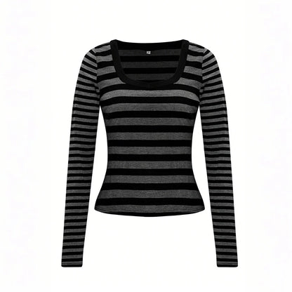 Black and grey striped women's long sleeve sweater t-shirt with slim fit European styling