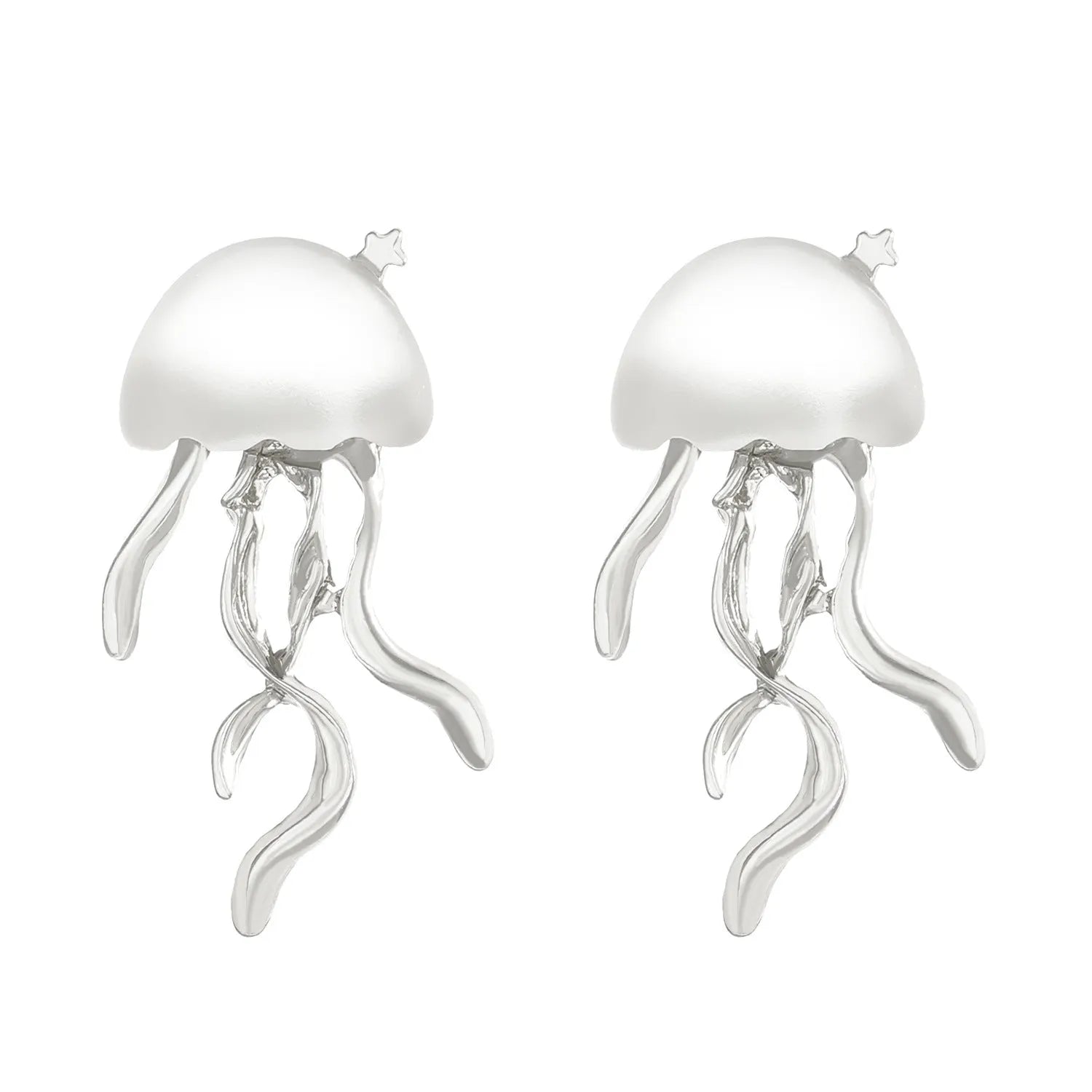 Alloy jellyfish tassel necklace and earring set in electroplated white finish on display