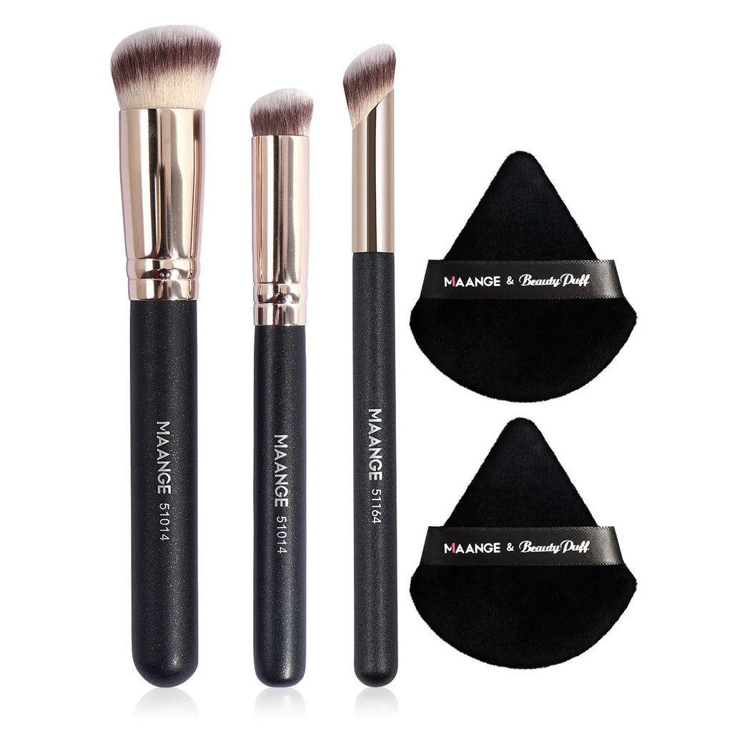3-piece wooden handle makeup brush set with triangle powder puff in apricot and black colours