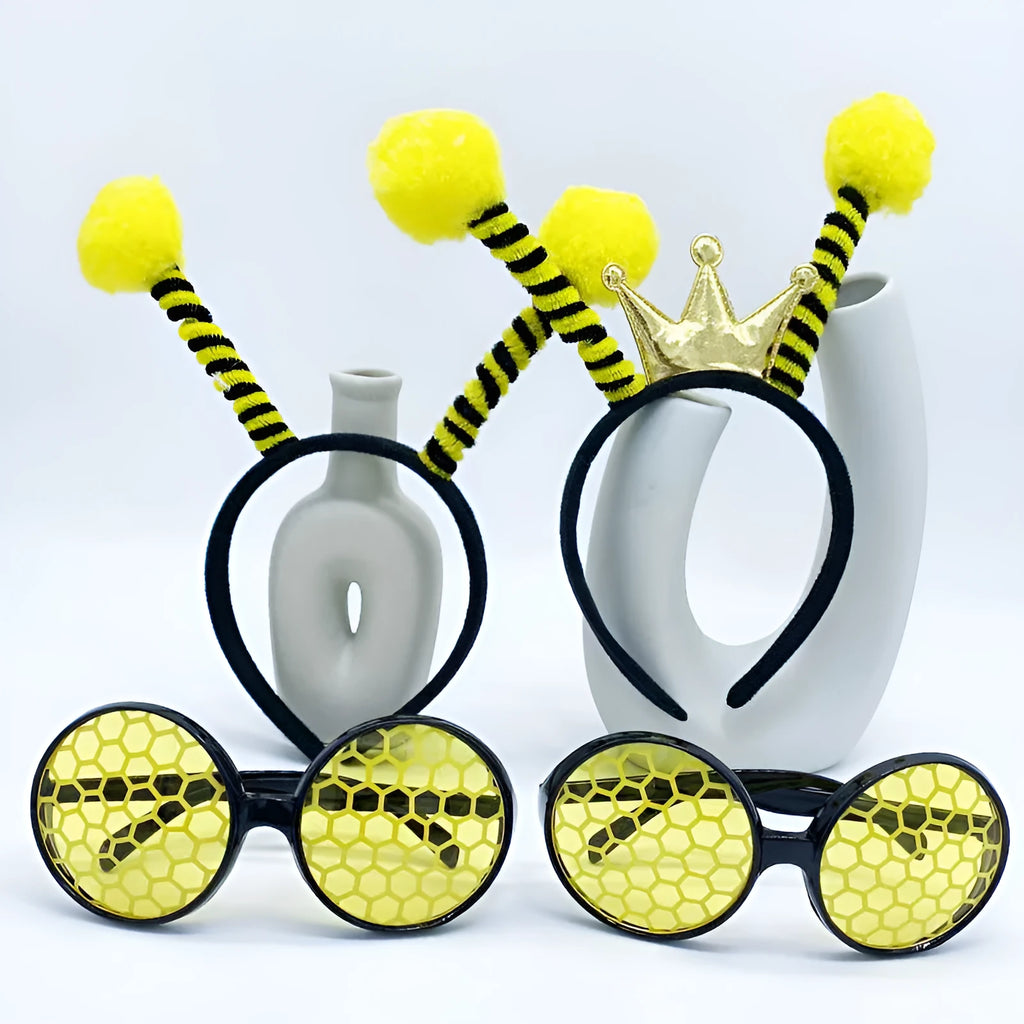 Yellow Bees costume headband and glasses set with insect decorations.