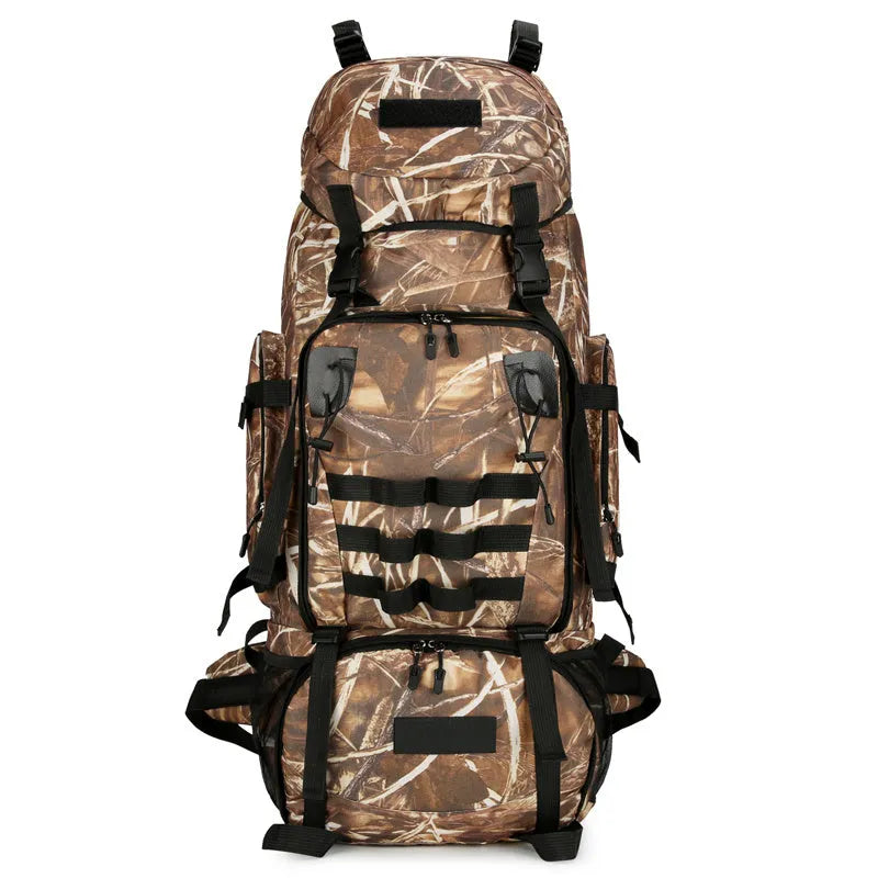 90L large capacity waterproof outdoor travel backpack for men in black, blue, and camouflage