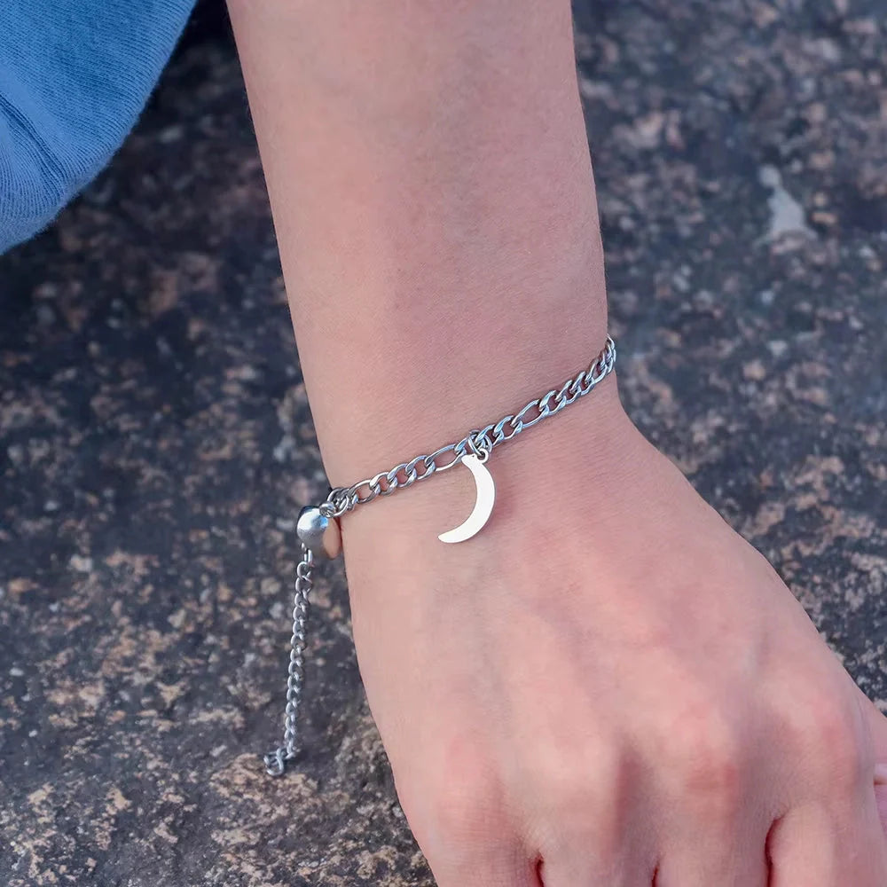 Sun Moon Charm Stainless Steel Couple Bracelets in NK, O type, and pearl colors