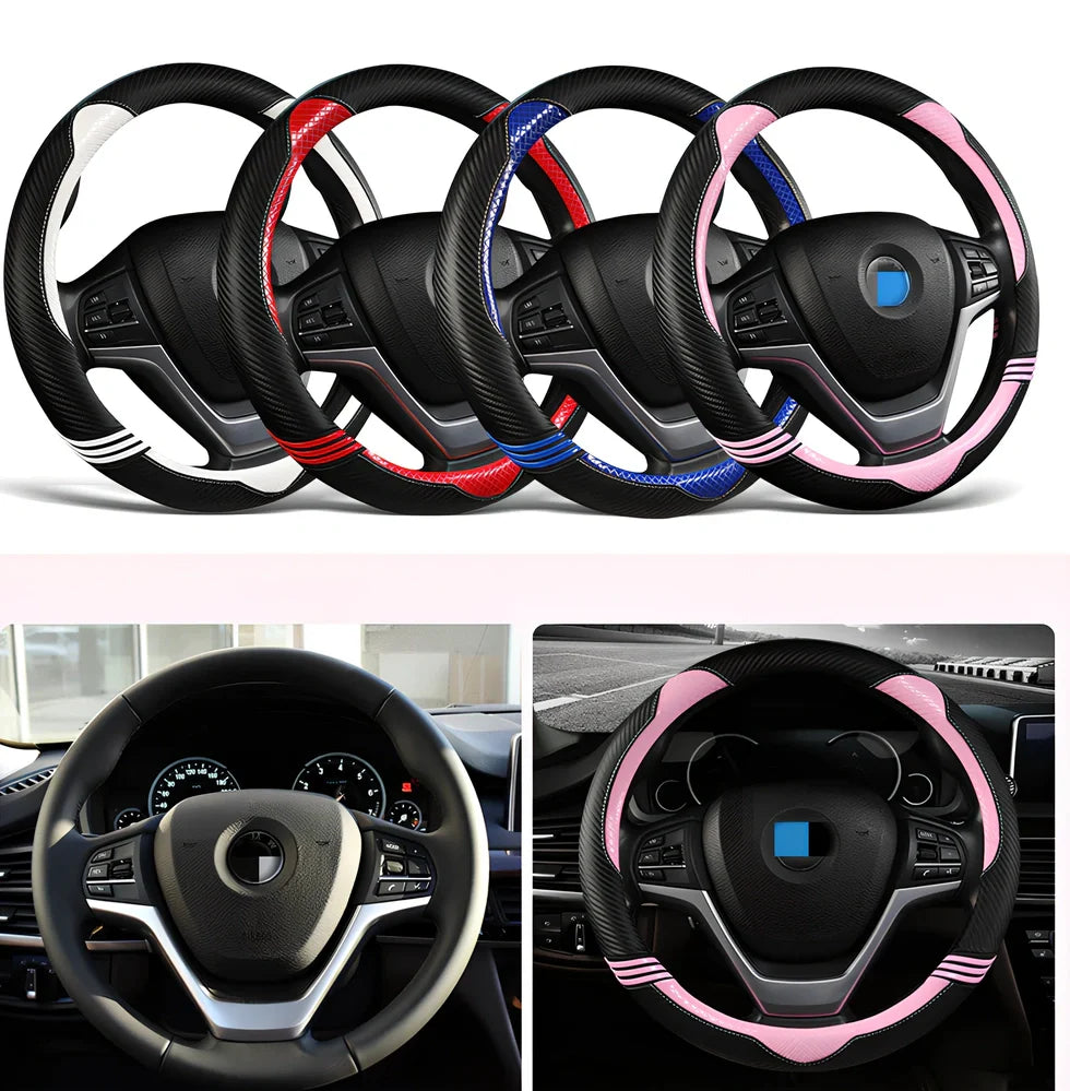 Cute cat steering wheel cover in carbon fibre black with blue accents for 38cm diameter, imitation leather material