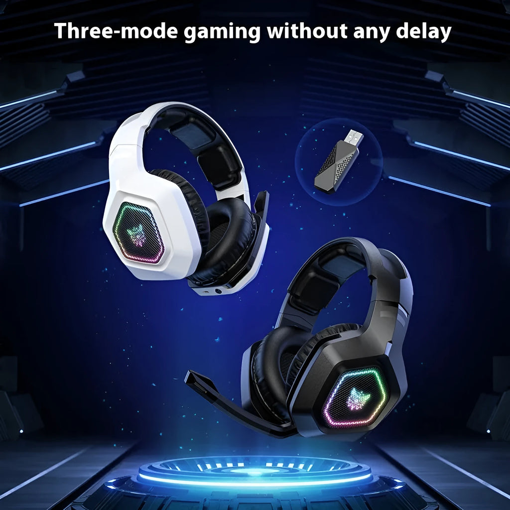 Black and white wireless gaming headset with RGB lighting showing dual connectivity options