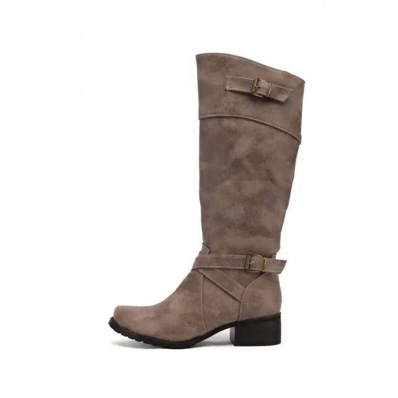 Women's belt buckle plus size high leg boots in khaki, round toe, mid heel, artificial PU upper, sizes 34-45