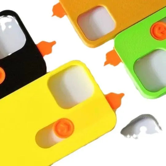3D printed sliding middle finger phone case in bright yellow for iPhone 15 Pro Max with fall protection