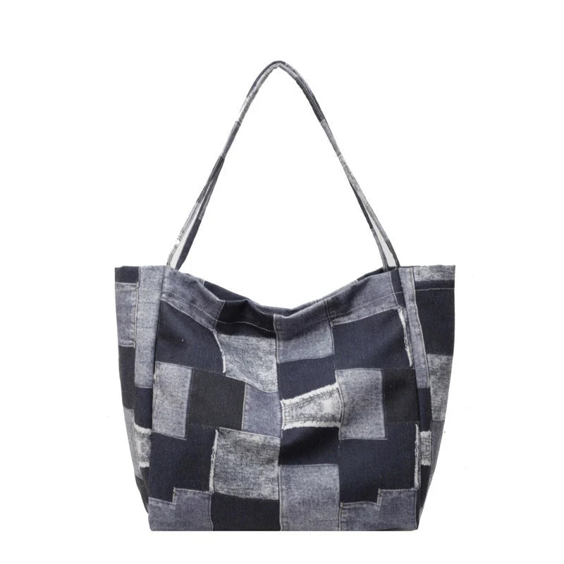 Women's denim tote bag with colour-contrast check design for daily use