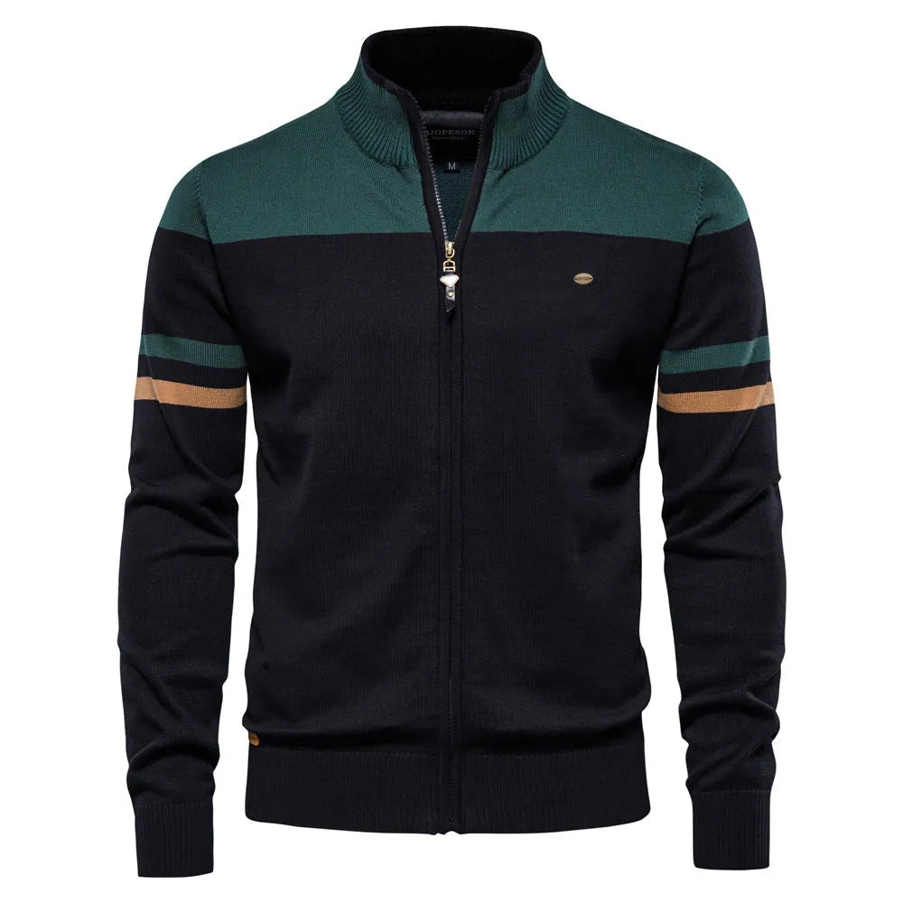 Men's casual cotton zipper sweater in black with full front zip, regular fit, side view