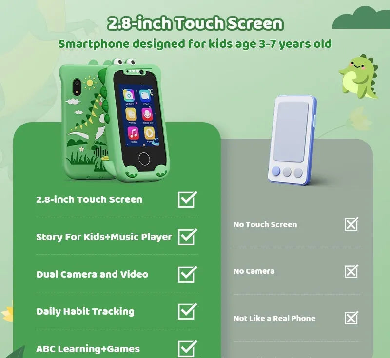 Blue educational touchscreen toy phone for children with camera, video, and game functions