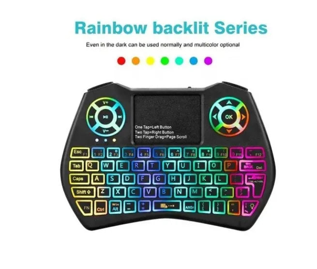 Mini wireless keyboard with Qwerty keys, touchpad, and LED backlit in black