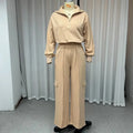 Women's light camel polyester two-piece set with lapel top and wide leg trousers