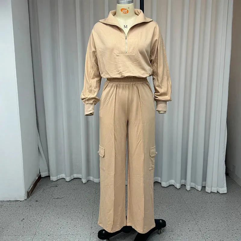 Women's light camel polyester two-piece set with lapel top and wide leg trousers