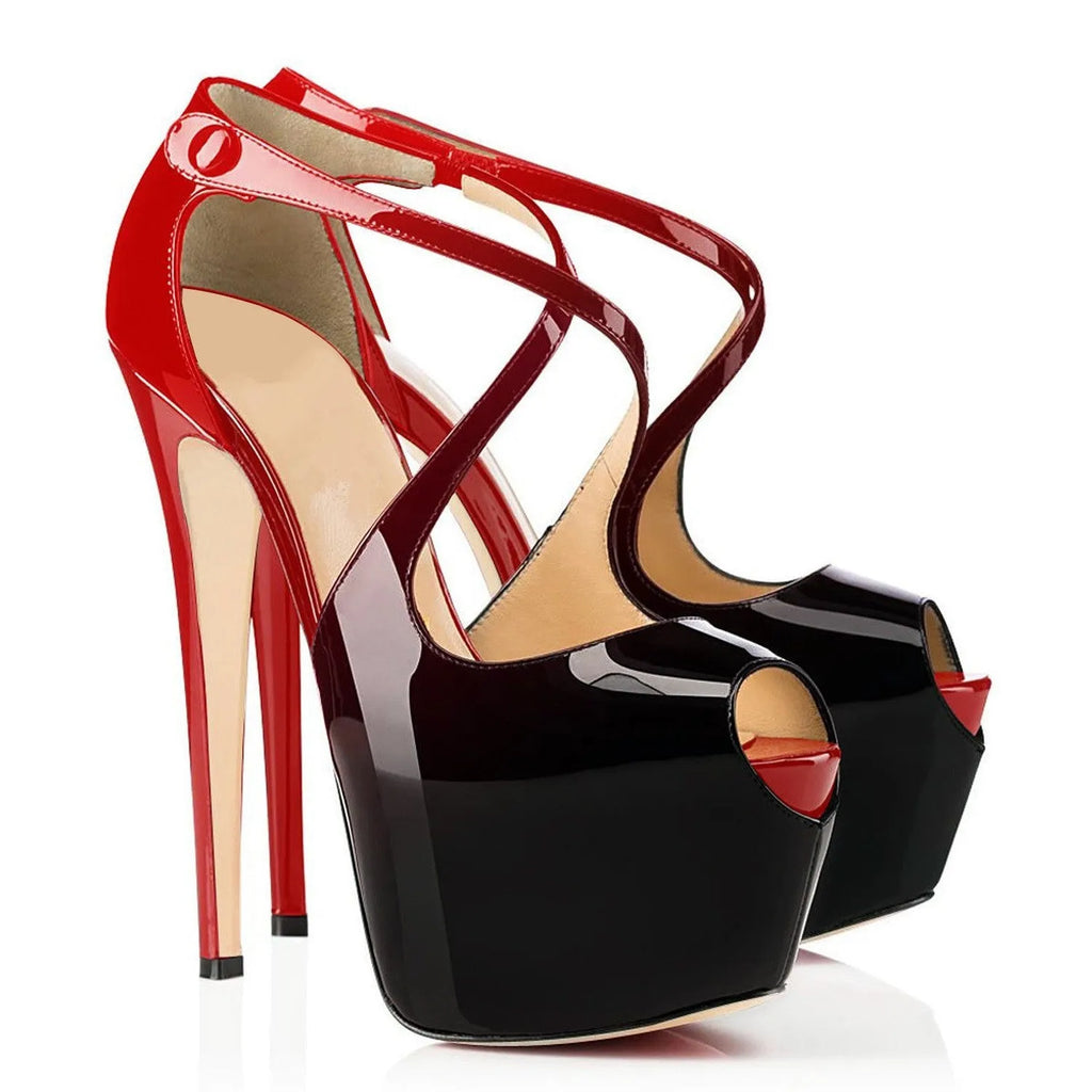 Black and red women's peep toe high heel shoes with a matching cross strap and a high heel.