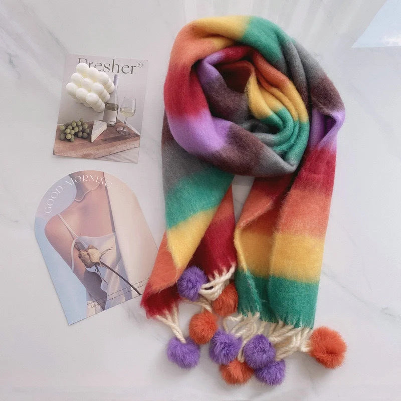 Rainbow Dopamine Mohair Tassel Scarf in vibrant colours, perfect for winter