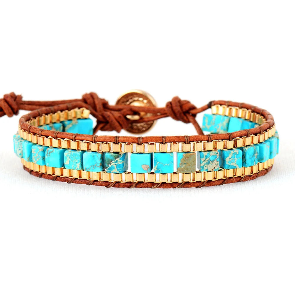 Hand-woven leather bracelet with blue imperial stone accent, geometric design