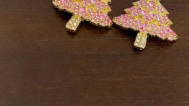 Pink Christmas tree earrings with sparkling zircon details, perfect for holiday parties