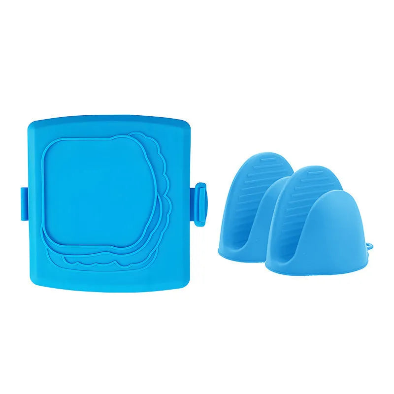 Red silicone baking tray with matching anti-scald gloves set in colour box packaging